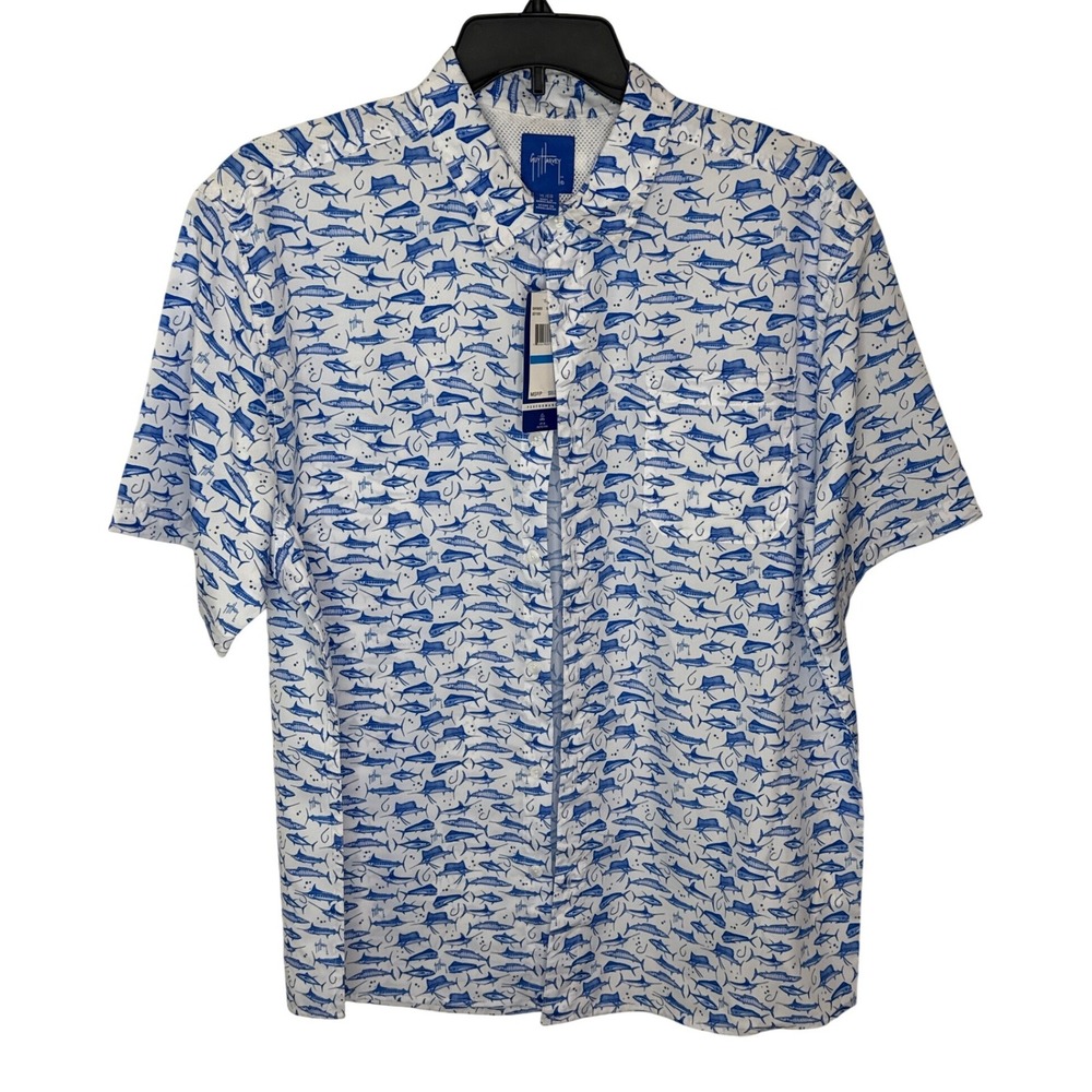 Guy Harvey Mens XL Short‎ Sleeve Button Up Shirt White Blue Fish Performance UPF